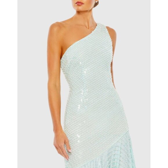 MAC DUGGAL Size 6 Green 93741 ONE SHOULDER Pearl Sequin Midi GOWN Formal Dress - Picture 2 of 11